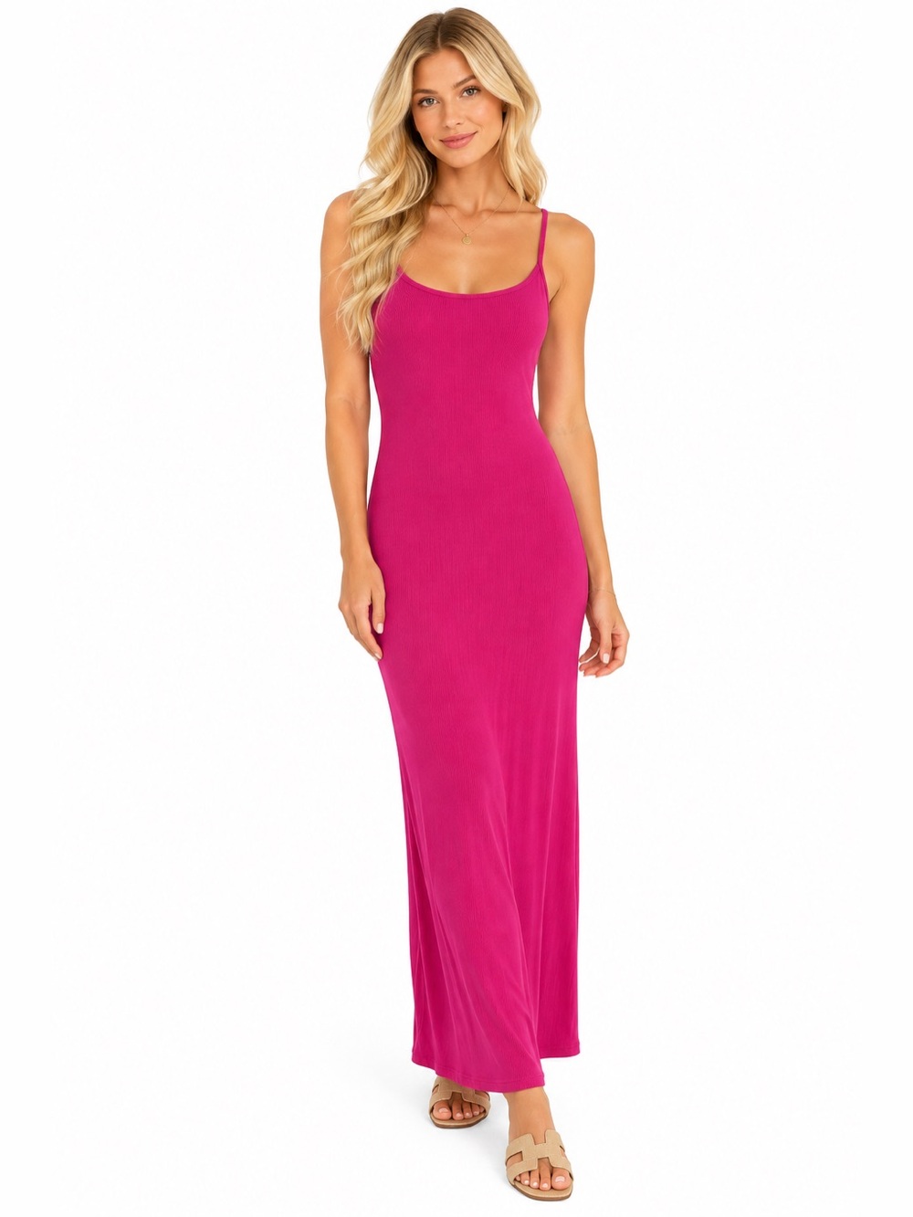 Popilush Hot Pink Built-In Shapewear Modal Sculpting Maxi Dress | Size M